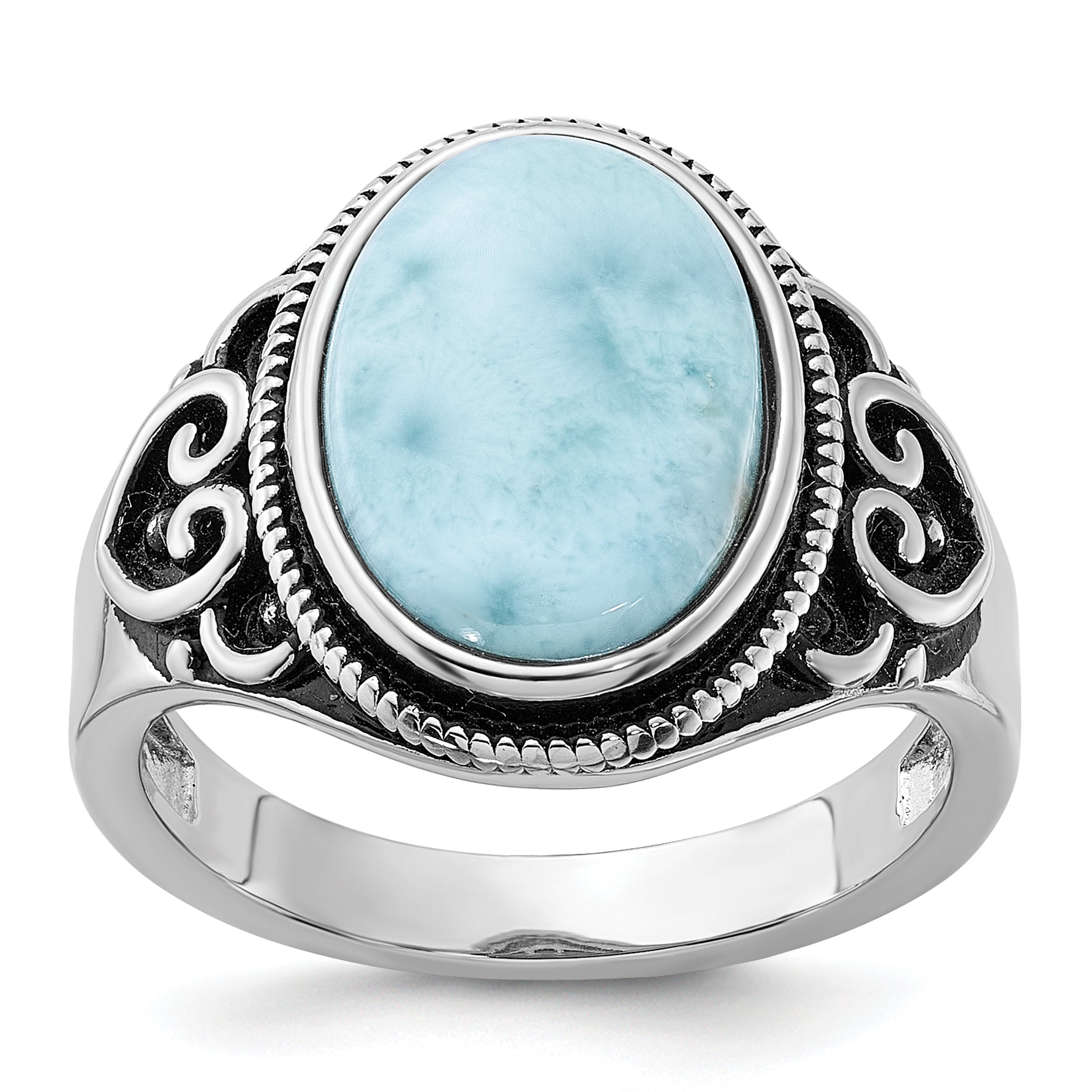 Sterling Silver Rhodium-plated Oxidized with Larimar Ring Main image