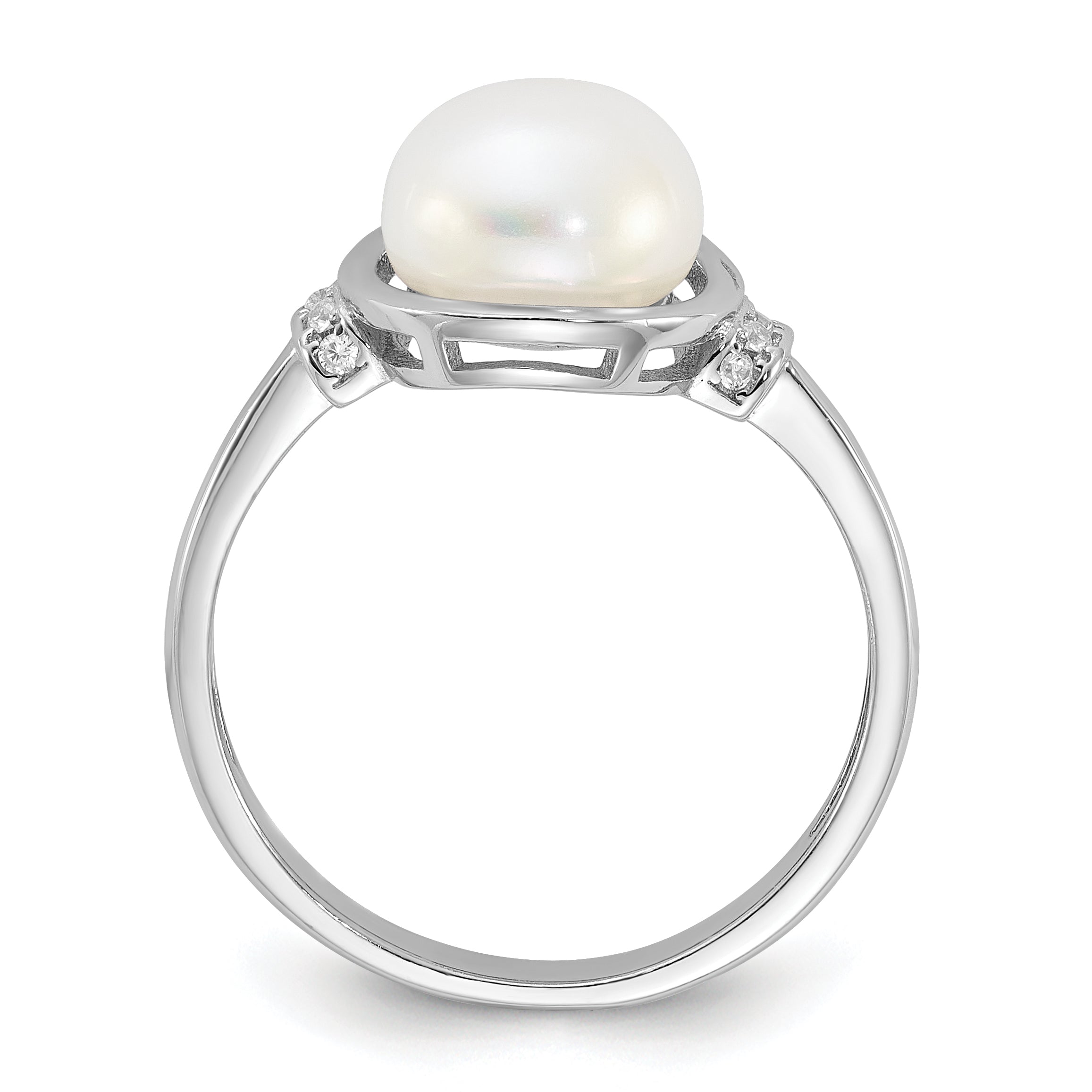 Sterling Silver Rhodium-plated 8-9mm White Button Freshwater Cultured Pearl and CZ Circle Ring Secondary image