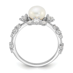 Sterling Silver Rhodium-plated 6-7mm White FWC Pearl and CZ Ring
