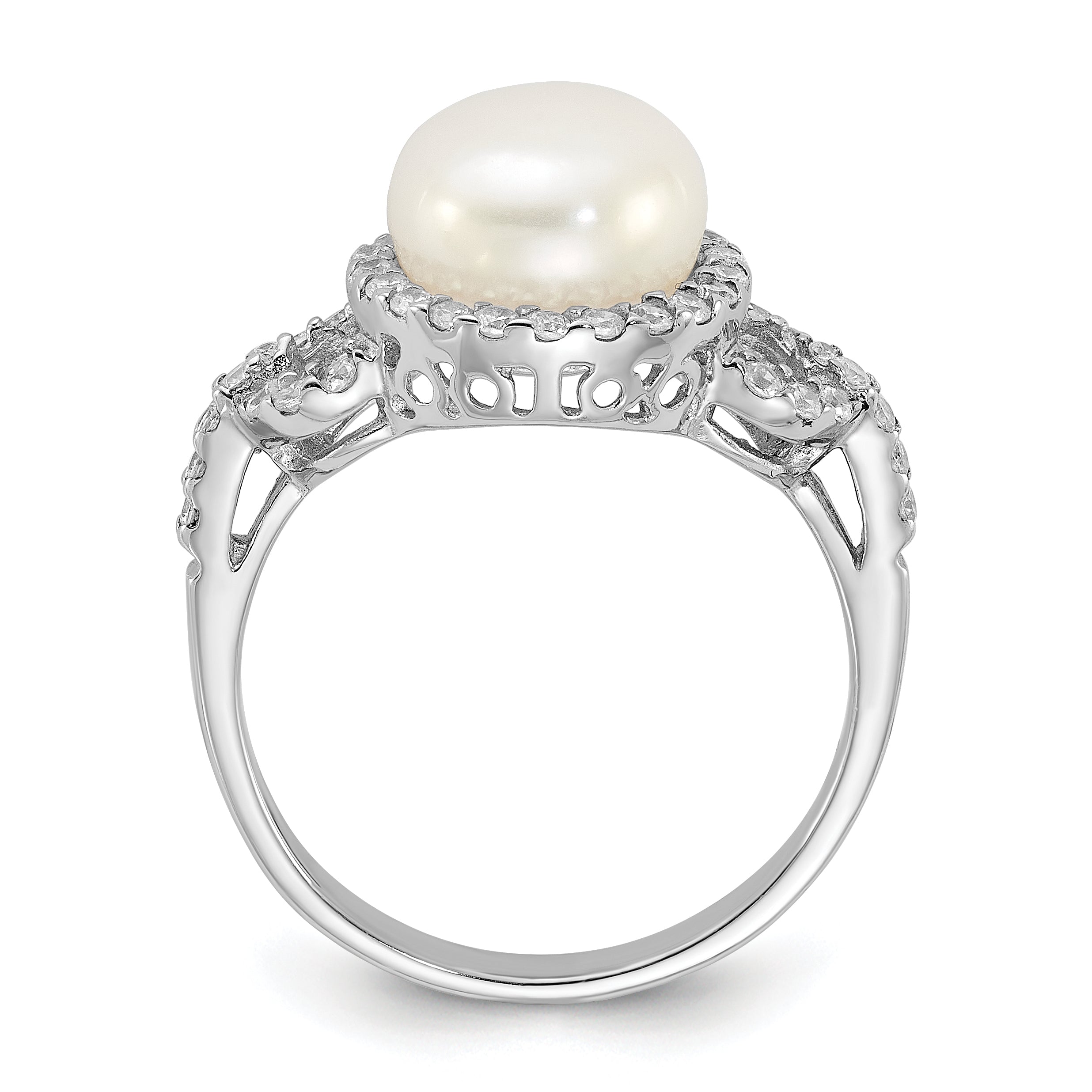 Sterling Silver Rhodium-plated 9-10mm White Button Freshwater Cultured Pearl and CZ Ring Secondary image