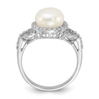 Sterling Silver Rhodium-plated 9-10mm White Button Freshwater Cultured Pearl and CZ Ring