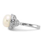 Sterling Silver Rhodium-plated 9-10mm White Button Freshwater Cultured Pearl and CZ Ring