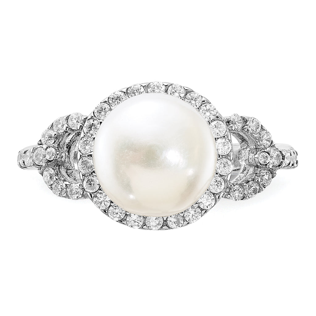 Sterling Silver Rhodium-plated 9-10mm White Button Freshwater Cultured Pearl and CZ Ring