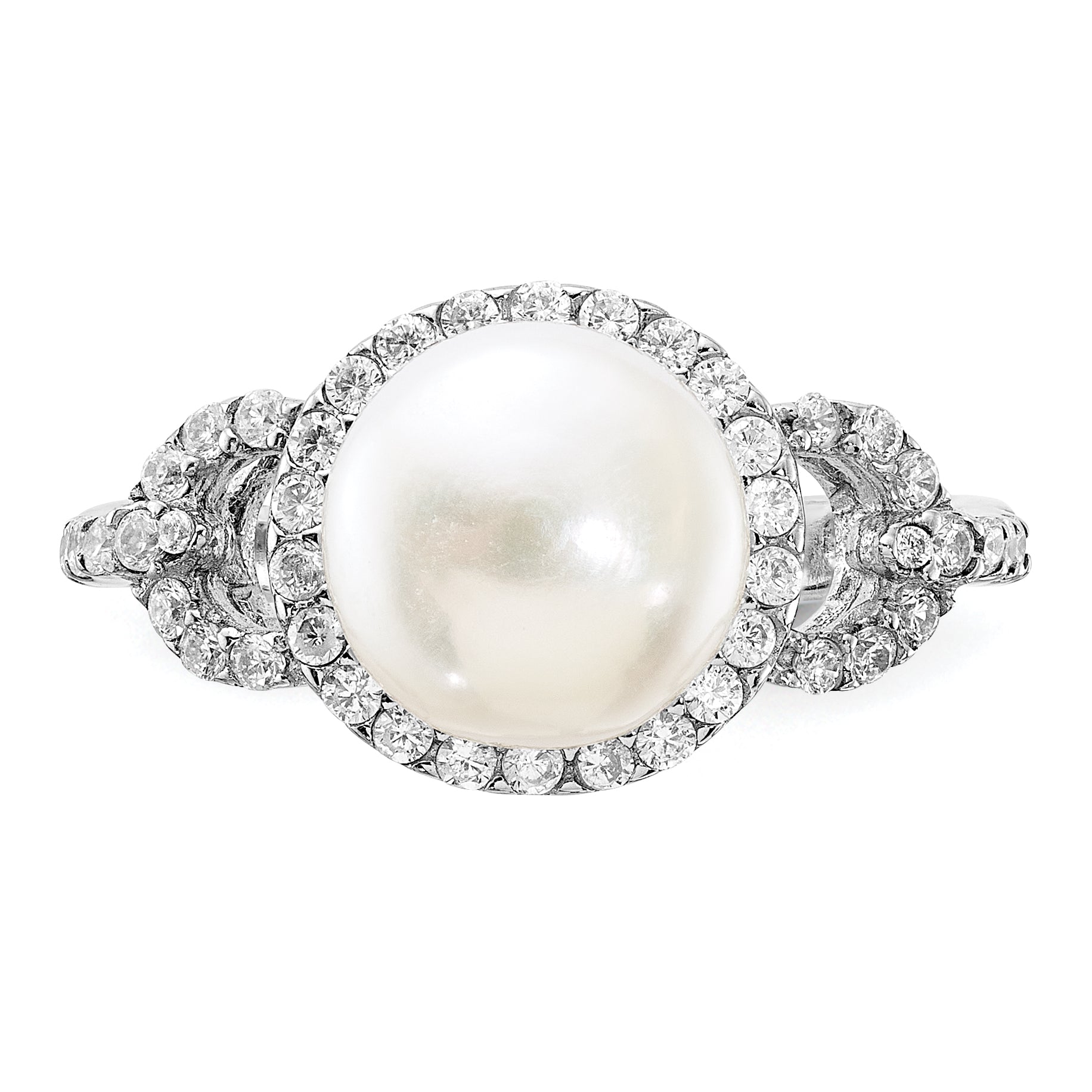 Sterling Silver Rhodium-plated 9-10mm White Button Freshwater Cultured Pearl and CZ Ring