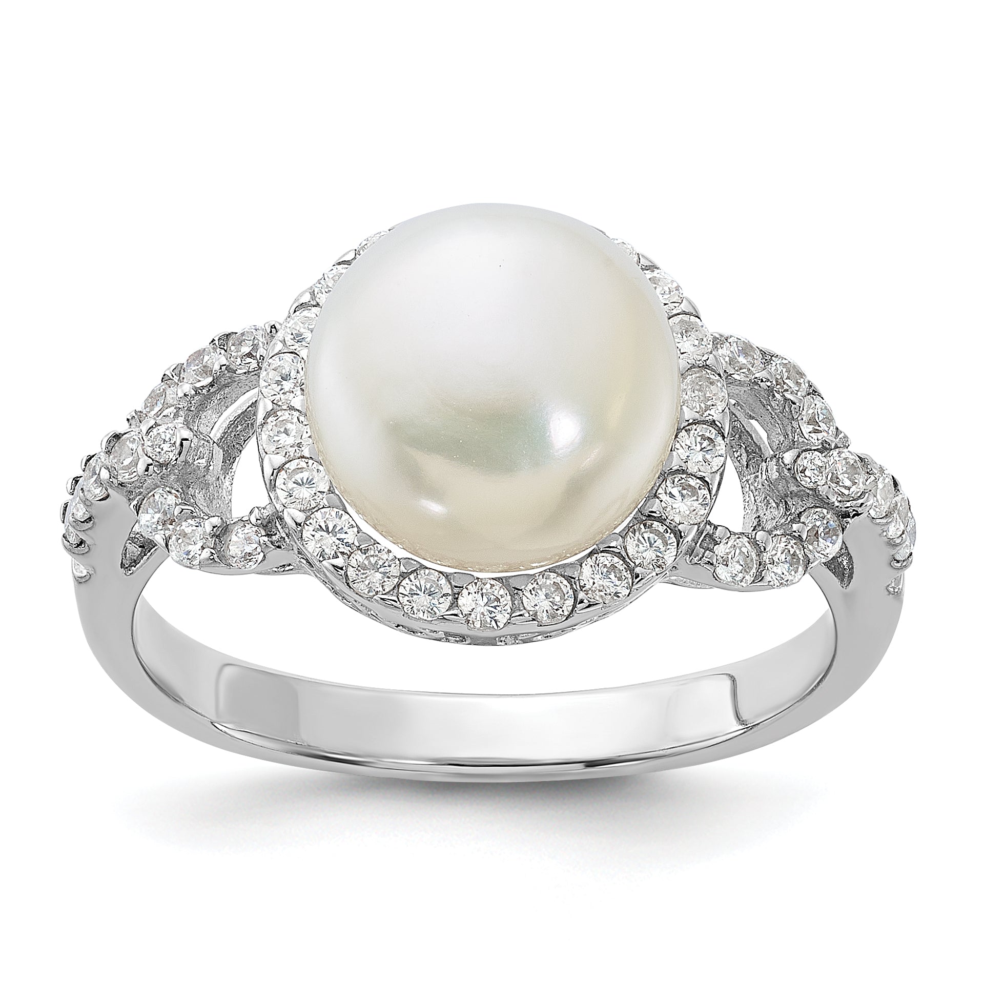 Sterling Silver Rhodium-plated 9-10mm White Button Freshwater Cultured Pearl and CZ Ring Main image