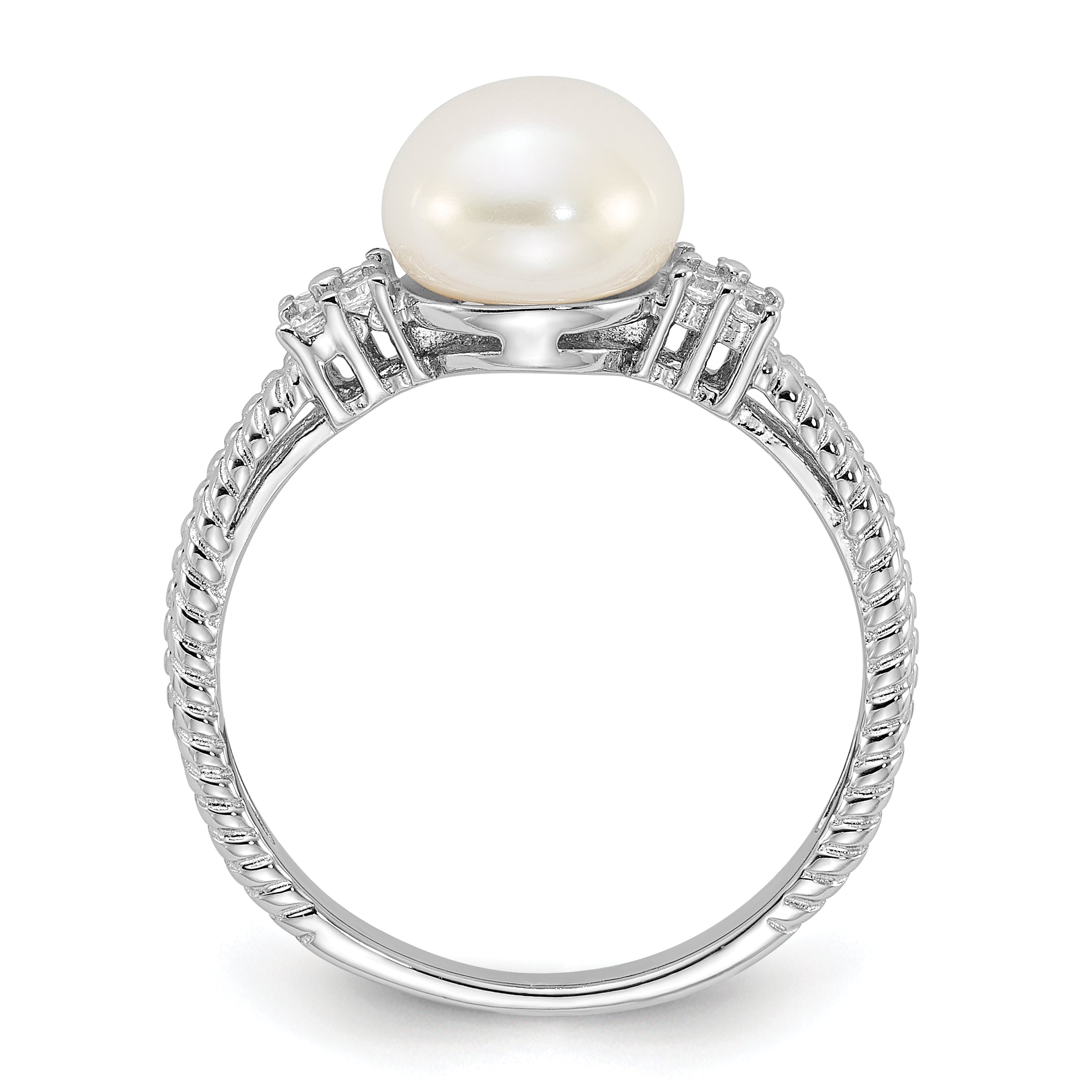 Sterling Silver Rhodium-plated 8-9mm White Button Freshwater Cultured Pearl and CZ Ring Secondary image