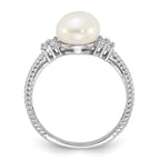 Sterling Silver Rhodium-plated 8-9mm White Button Freshwater Cultured Pearl and CZ Ring