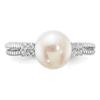 Sterling Silver Rhodium-plated 8-9mm White Button Freshwater Cultured Pearl and CZ Ring