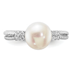 Sterling Silver Rhodium-plated 8-9mm White Button Freshwater Cultured Pearl and CZ Ring