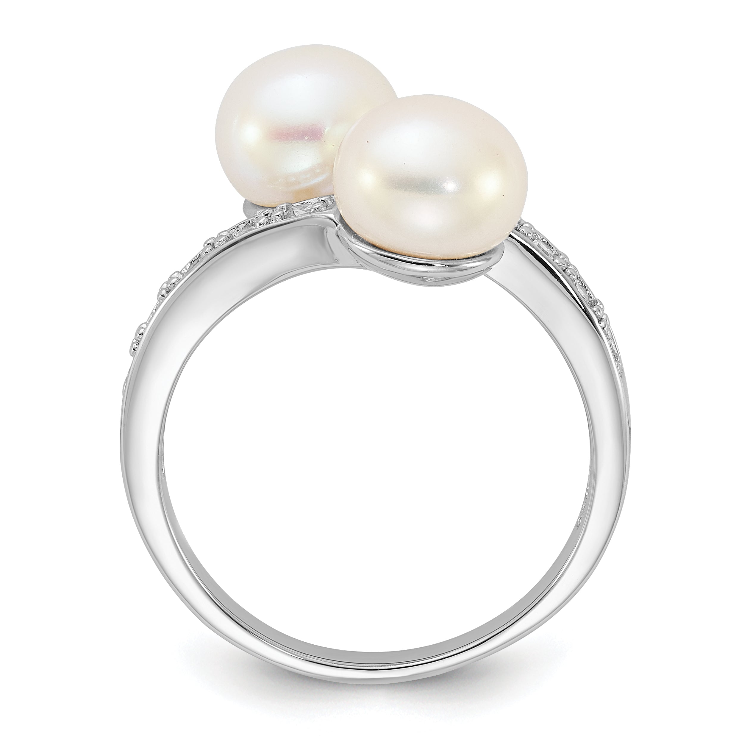Sterling Silver Rhodium-plated 8-9mm White Button Freshwater Cultured Pearl and CZ Bypass Ring Secondary image