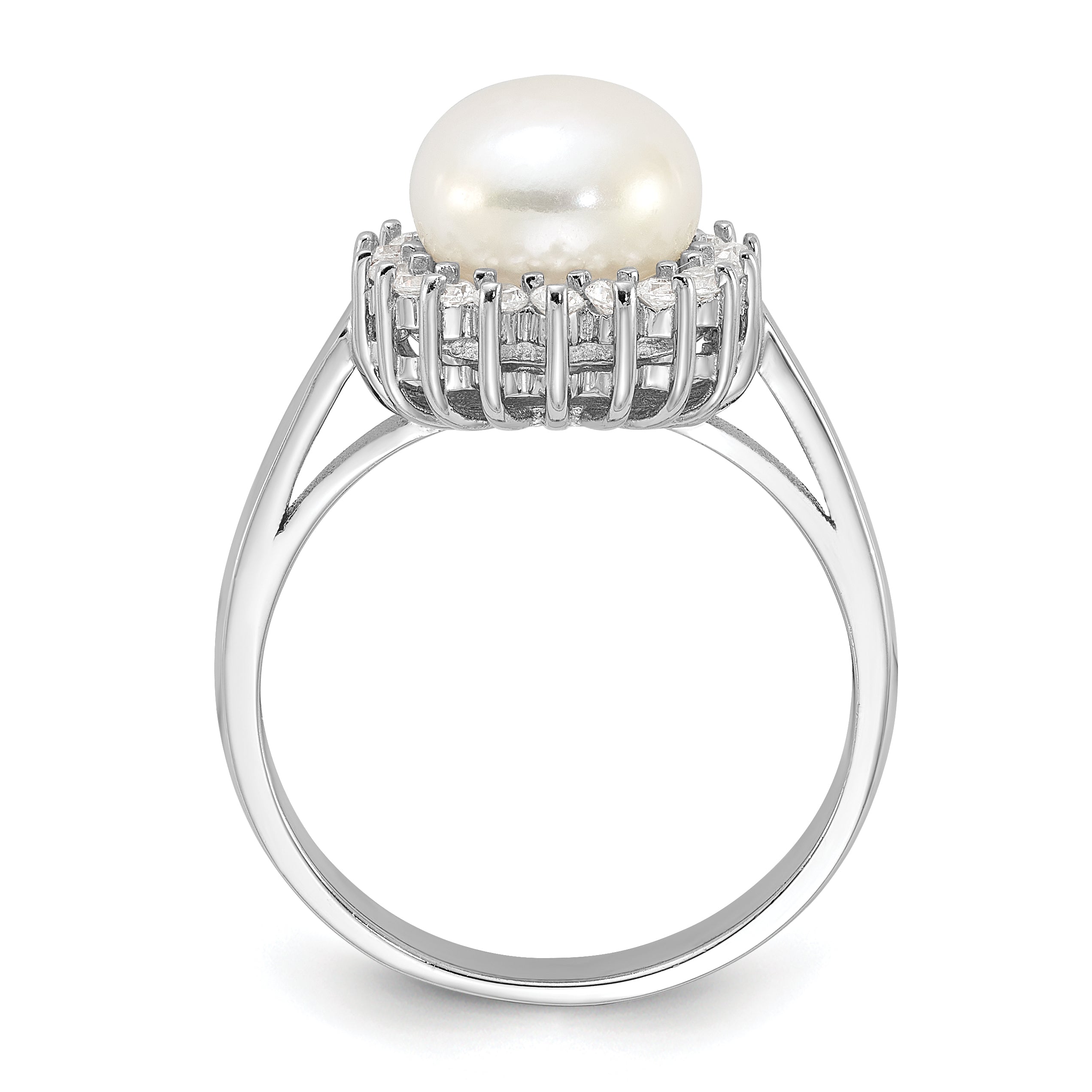 Sterling Silver Rhodium-plated 8-9mm White Freshwater Cultured Pearl and CZ Ring Secondary image