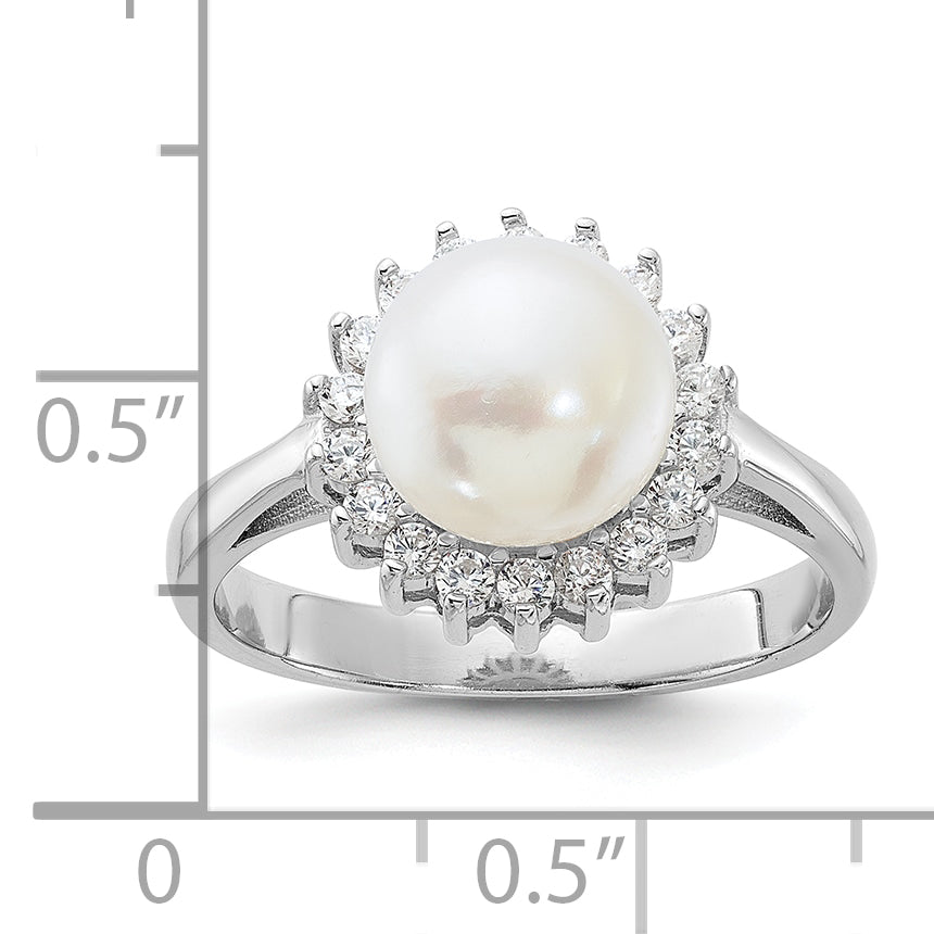 Sterling Silver Rhodium-plated 8-9mm White Freshwater Cultured Pearl and CZ Ring