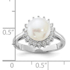 Sterling Silver Rhodium-plated 8-9mm White Freshwater Cultured Pearl and CZ Ring