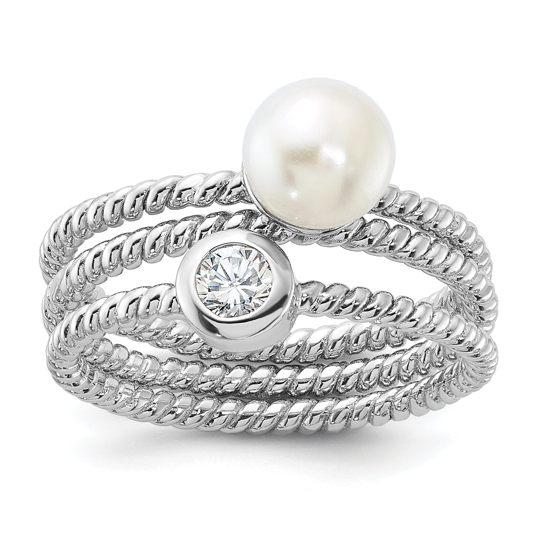 Sterling Silver Rhodium-plated 6-7mm White Freshwater Cultured Pearl and CZ 3 Ring Set Main image
