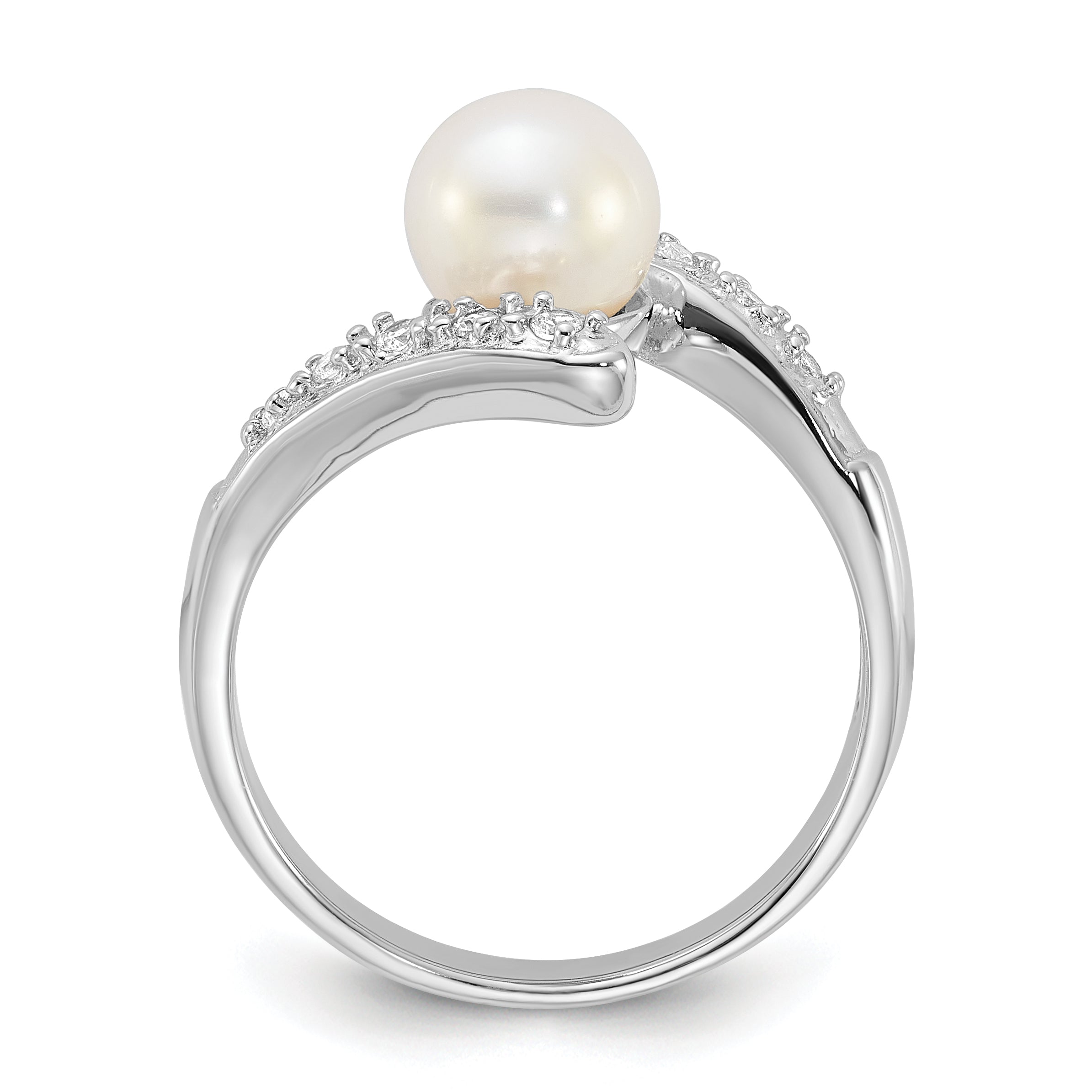 Sterling Silver Rhodium-plated 6-7mm White Freshwater Cultured Pearl and CZ Bypass Ring Secondary image