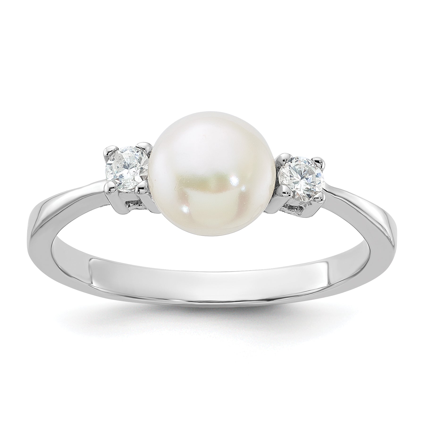 Sterling Silver Rhodium-plated 6-7mm White Freshwater Cultured Pearl and CZ Ring Main image