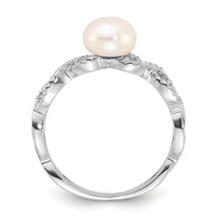 Sterling Silver Rhodium-plated 7-8mm White Freshwater Cultured Pearl and CZ Infinity Ring