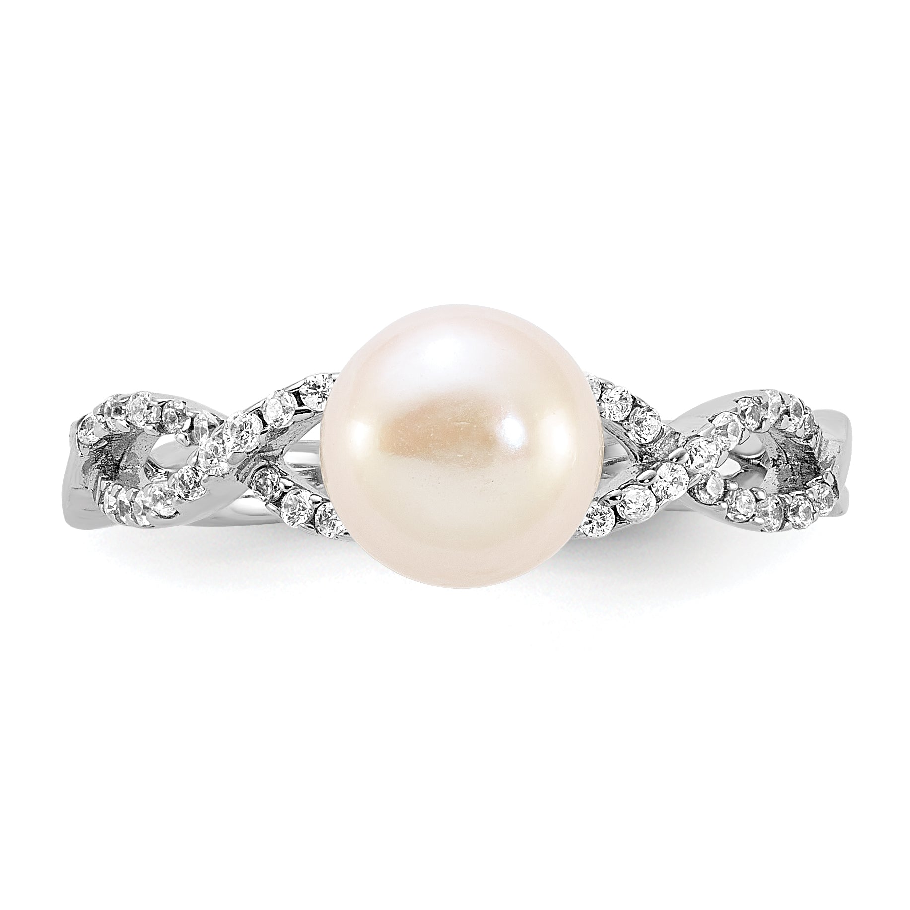 Sterling Silver Rhodium-plated 7-8mm White Freshwater Cultured Pearl and CZ Infinity Ring