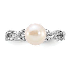 Sterling Silver Rhodium-plated 7-8mm White Freshwater Cultured Pearl and CZ Infinity Ring