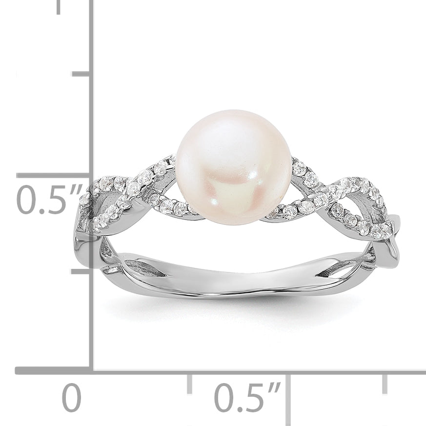 Sterling Silver Rhodium-plated 7-8mm White Freshwater Cultured Pearl and CZ Infinity Ring