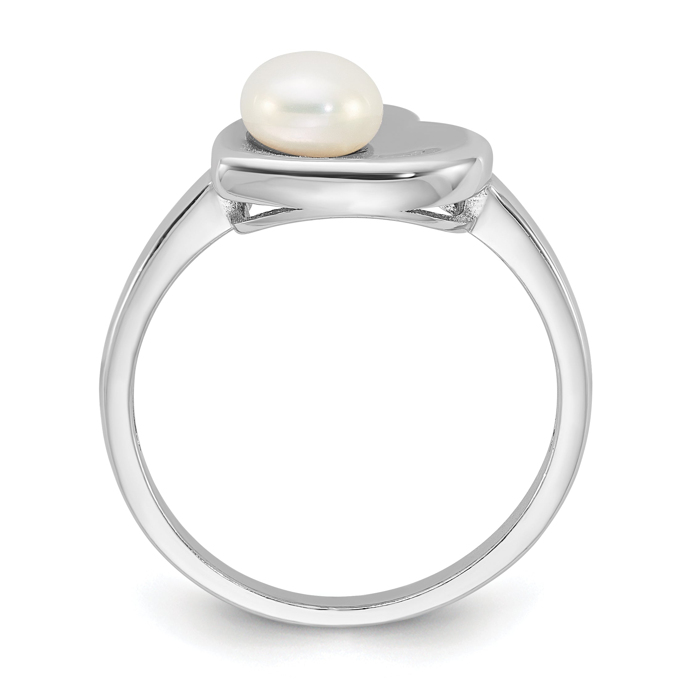Sterling Silver Rhodium-Plated 5-6mm White Freshwater Cultured Pearl Heart Ring