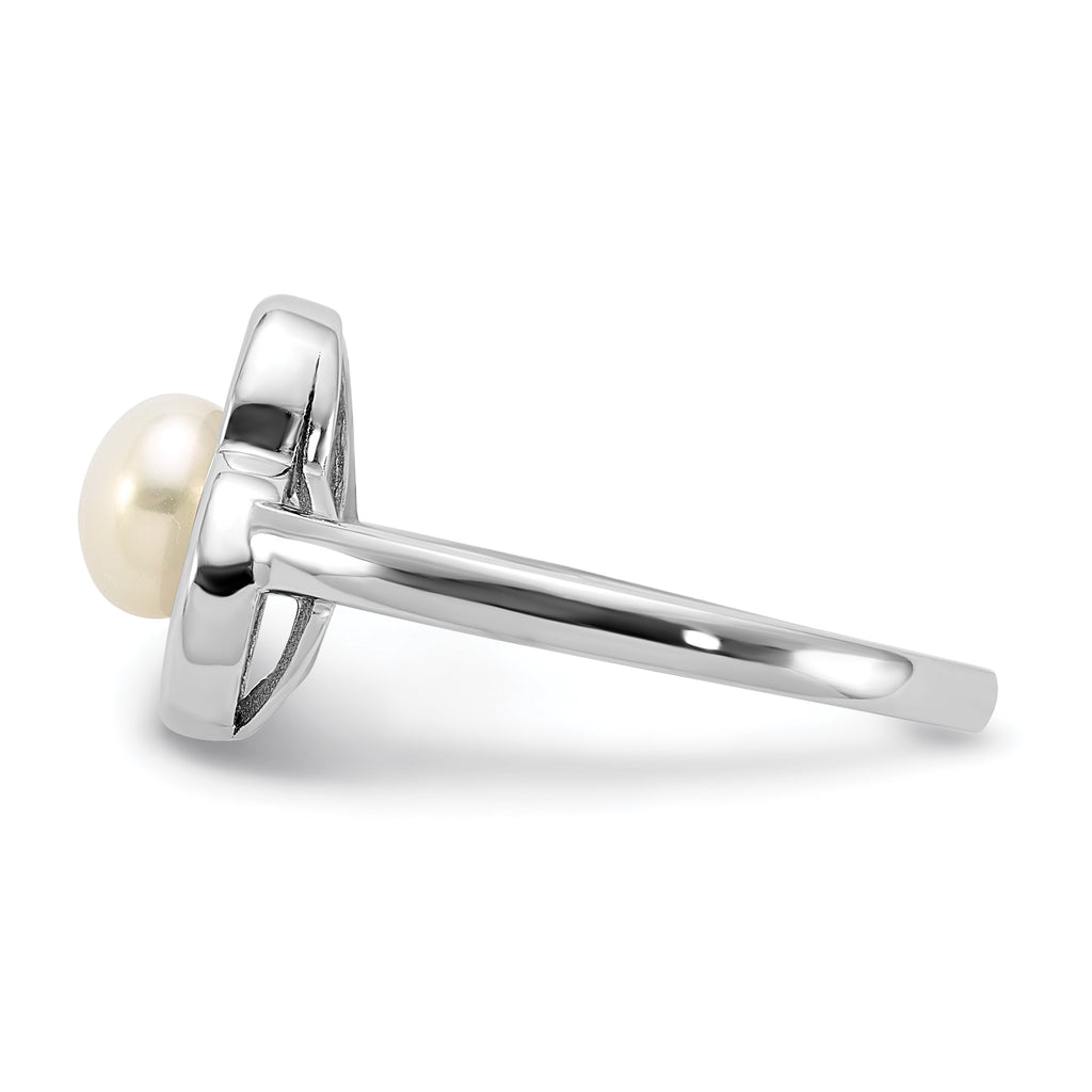 Sterling Silver Rhodium-Plated 5-6mm White Freshwater Cultured Pearl Heart Ring
