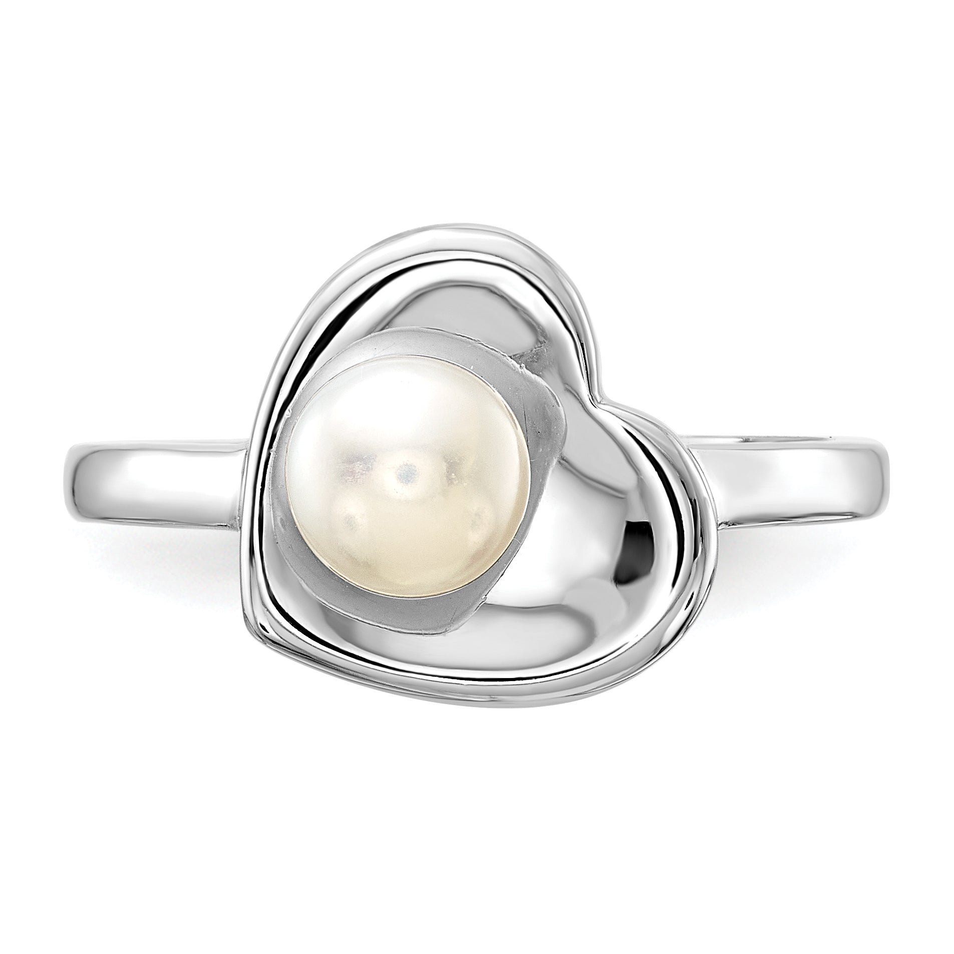 Sterling Silver Rhodium-Plated 5-6mm White Freshwater Cultured Pearl Heart Ring