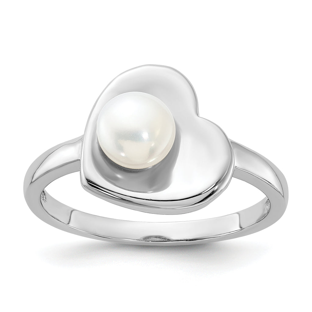 Sterling Silver Rhodium-Plated 5-6mm White Freshwater Cultured Pearl Heart Ring