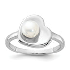 Sterling Silver Rhodium-Plated 5-6mm White Freshwater Cultured Pearl Heart Ring