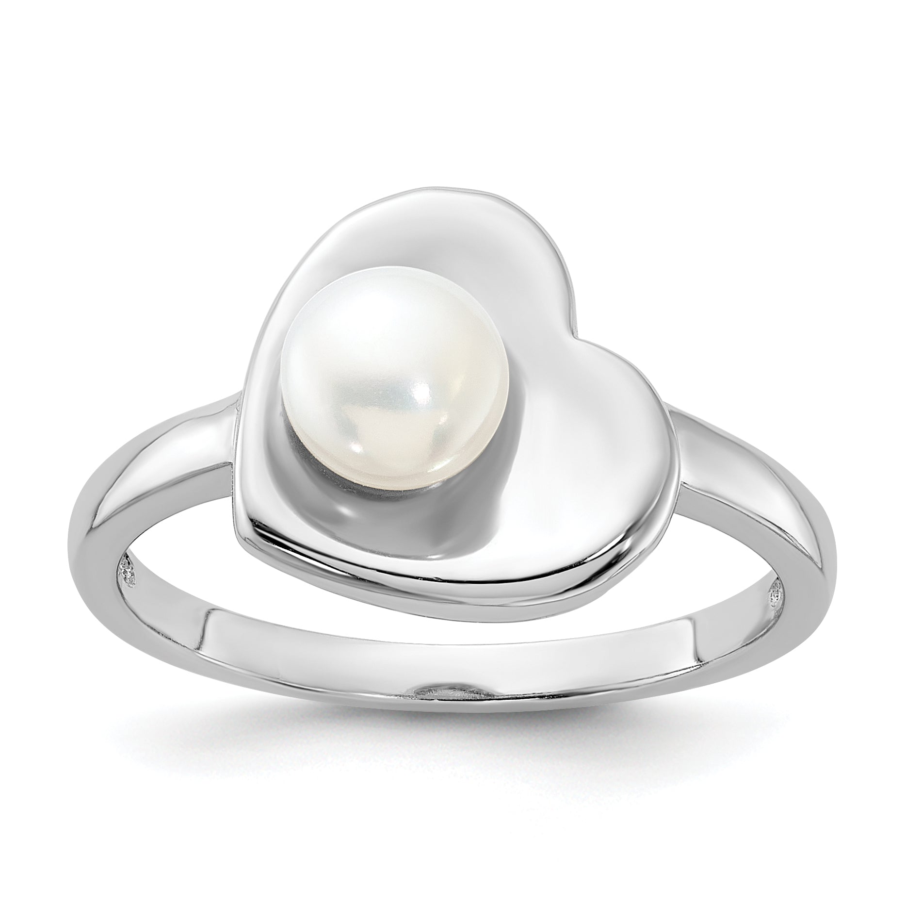 Sterling Silver Rhodium-Plated 5-6mm White Freshwater Cultured Pearl Heart Ring