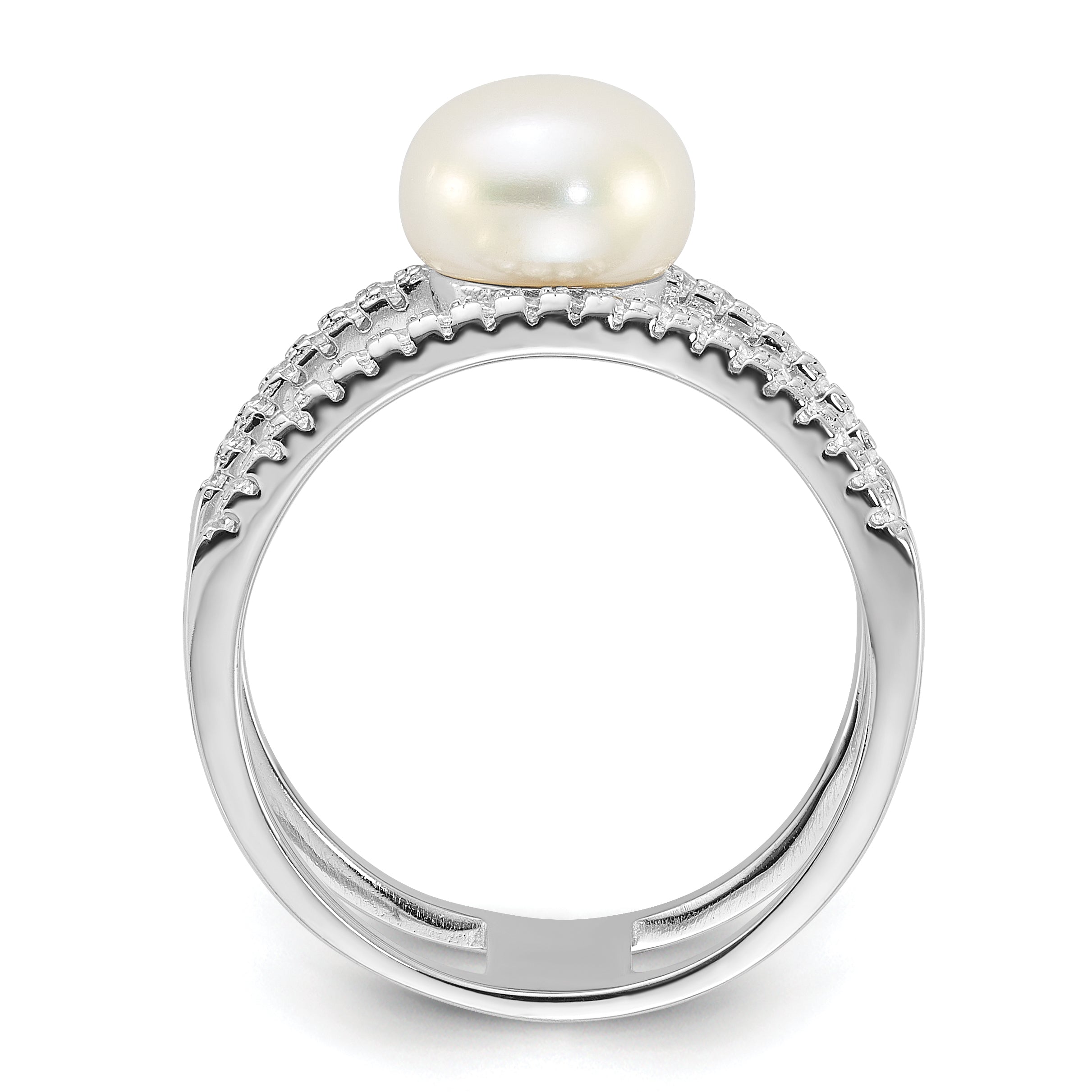 Sterling Silver Rhodium-plated 8-9mm White Freshwater Cultured Pearl and CZ Ring Secondary image
