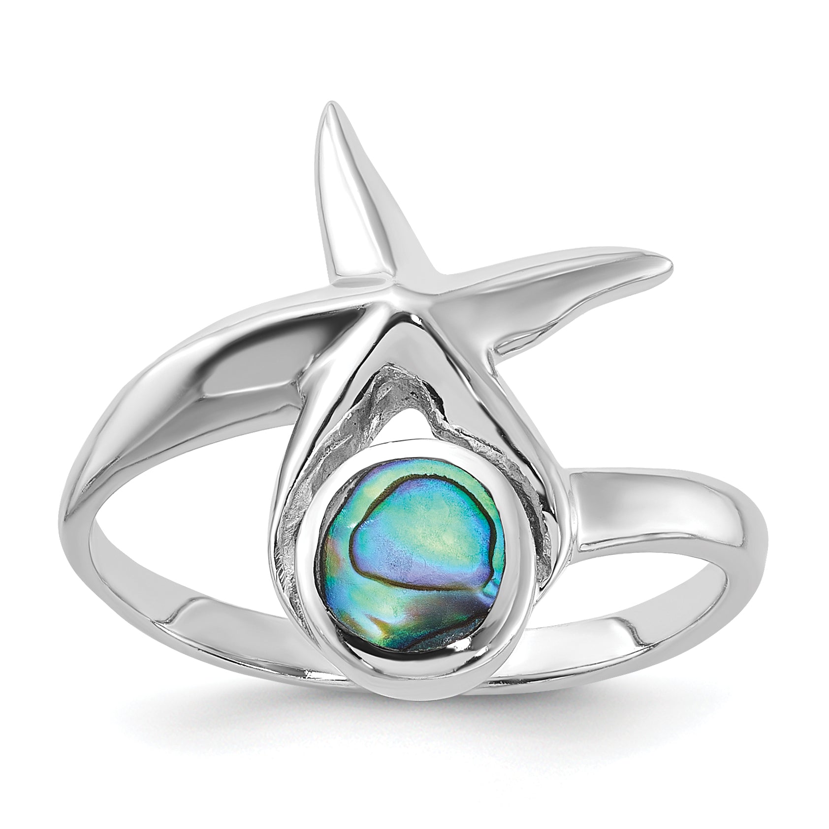 Sterling Silver Rhodium-Plated Polished Round Abalone with Starfish Ring Main image