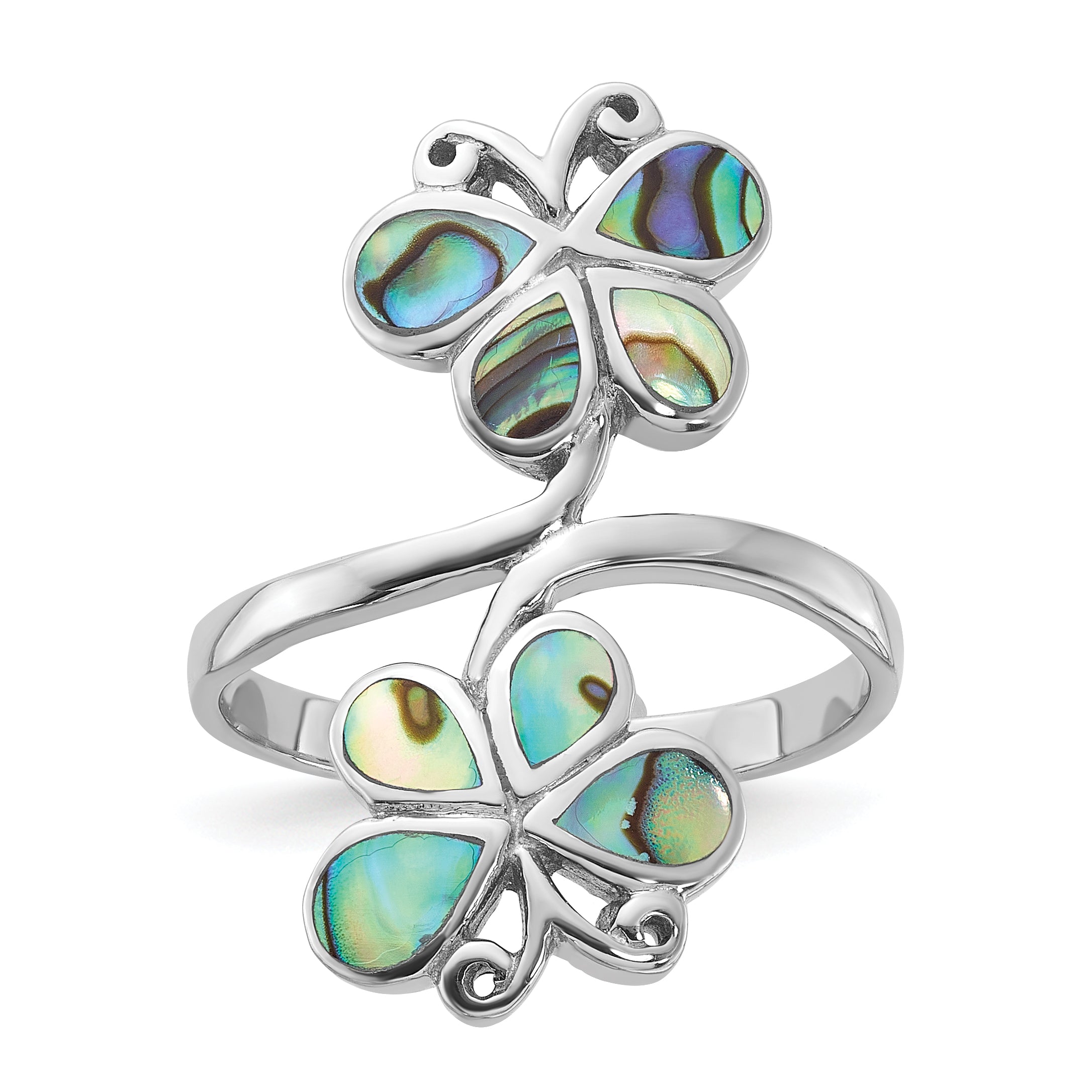 Sterling Silver Rhodium-Plated Polished Abalone Double Butterfly Ring Main image