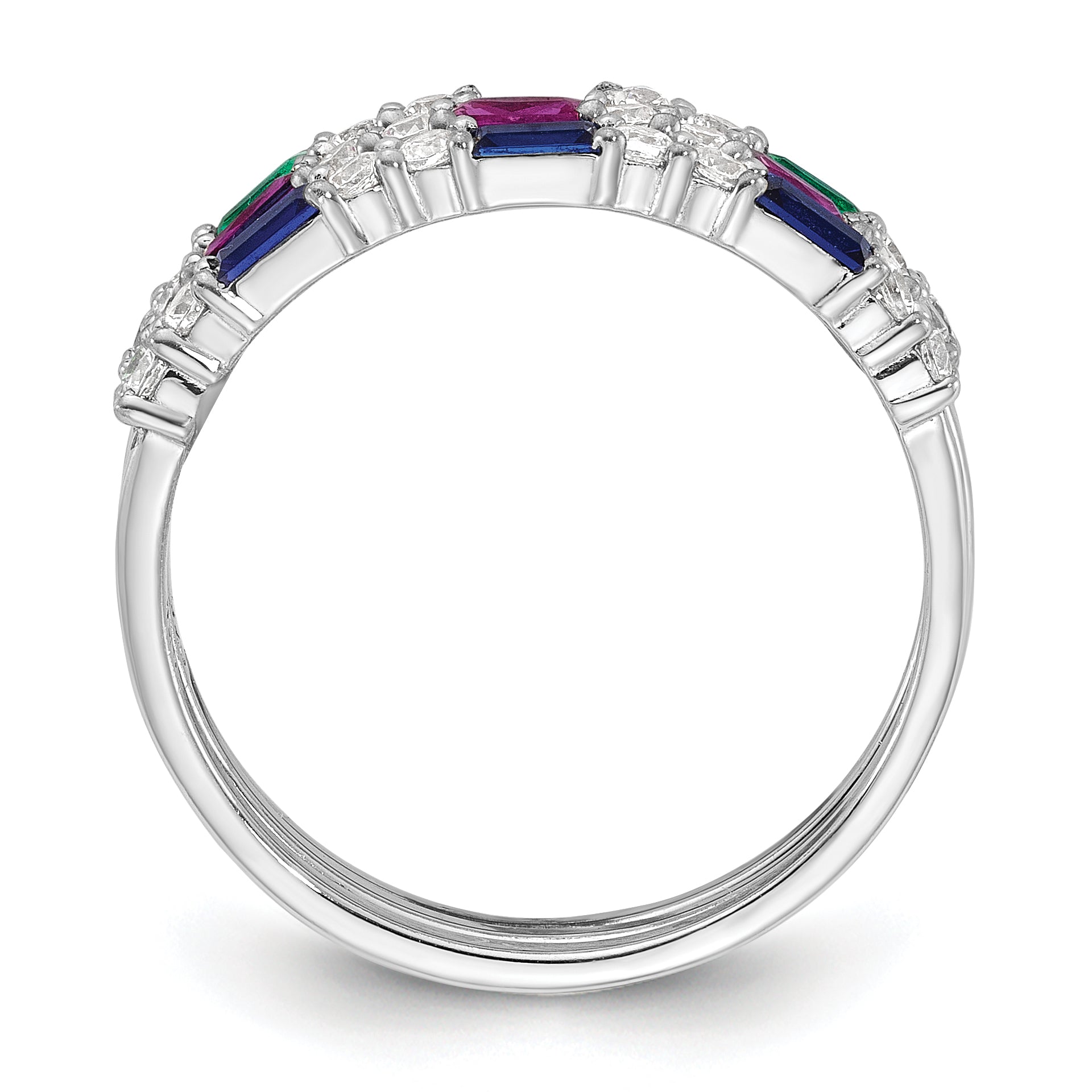 Sterling Silver Rhodium-plated Green, Red and Blue CZ 3 Ring Set Secondary image