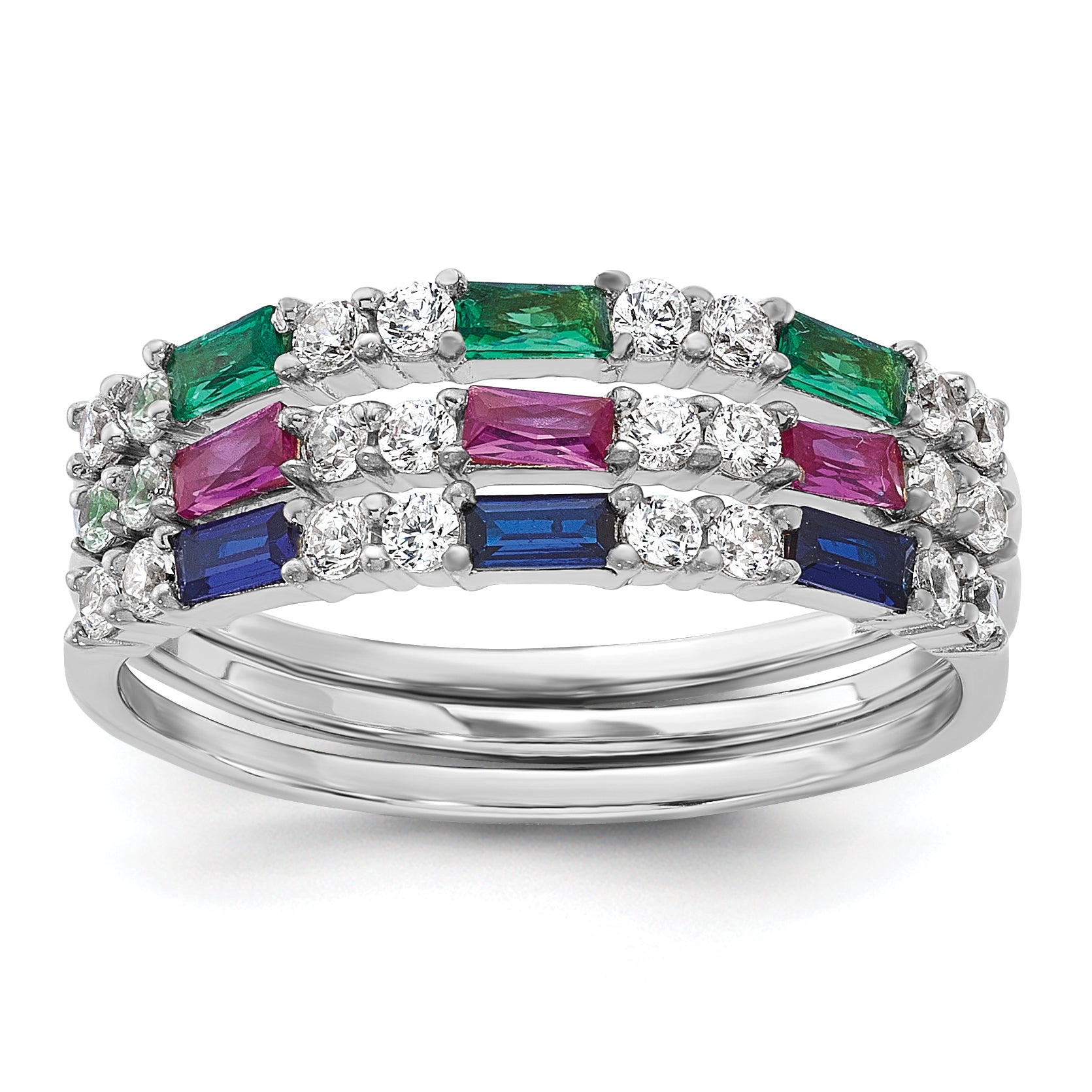 Sterling Silver Rhodium-plated Green, Red and Blue CZ 3 Ring Set Main image