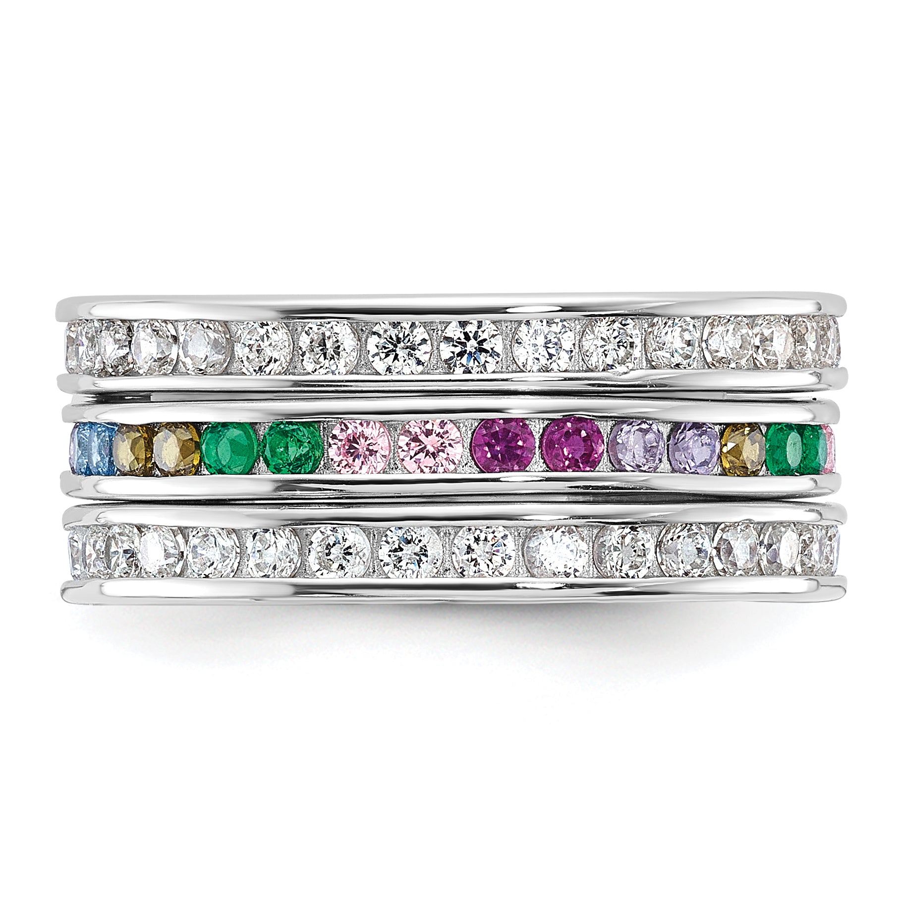 Sterling Silver Rhodium-Plated Multi Color Cubic Zirconi 3 Band Set