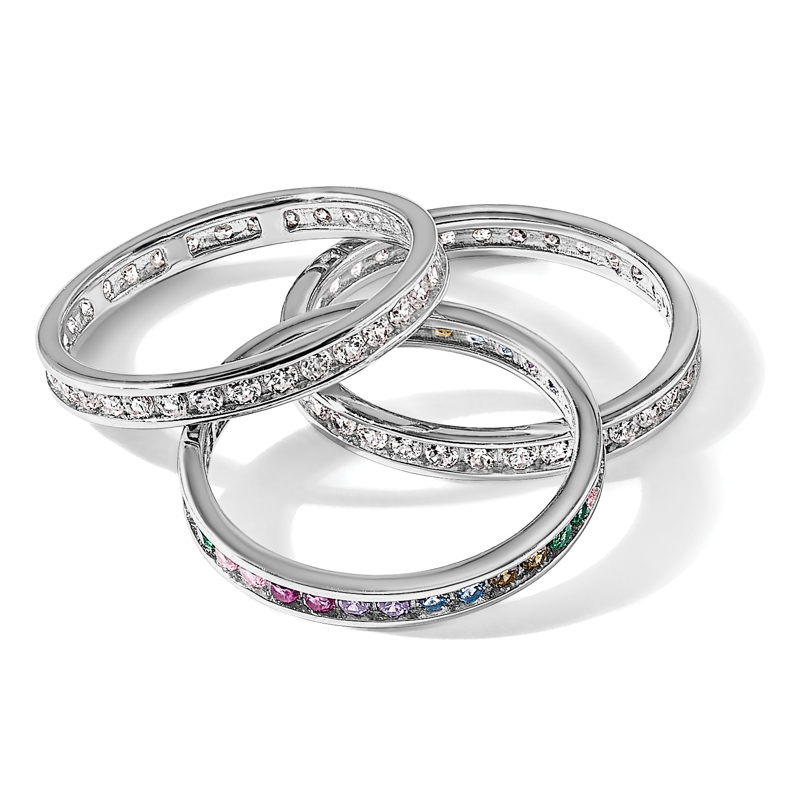 Sterling Silver Rhodium-Plated Multi Color Cubic Zirconi 3 Band Set