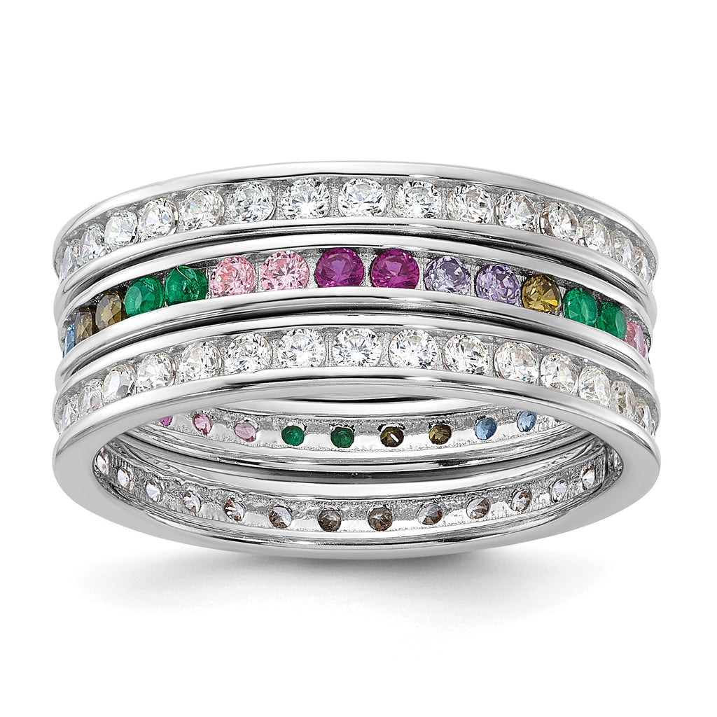 Sterling Silver Rhodium-Plated Multi Color Cubic Zirconi 3 Band Set