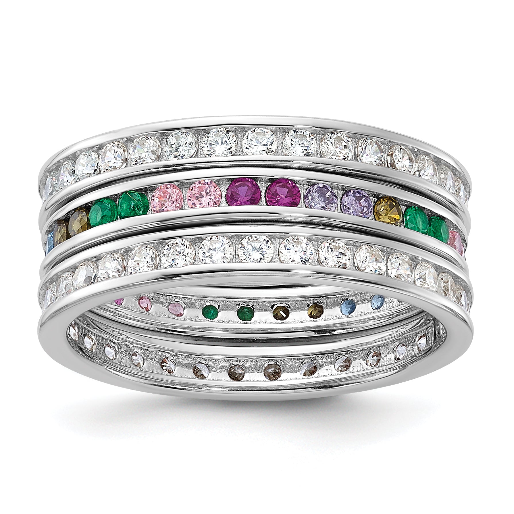 Sterling Silver Rhodium-Plated Multi Color Cubic Zirconi 3 Band Set