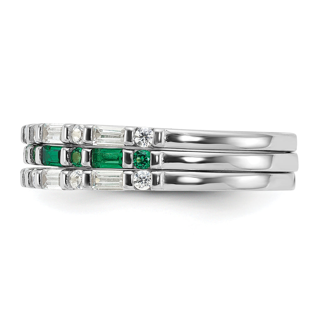 Sterling Silver Rhodium-Plated Green and White Cubic Zirconi 3 Ring Set