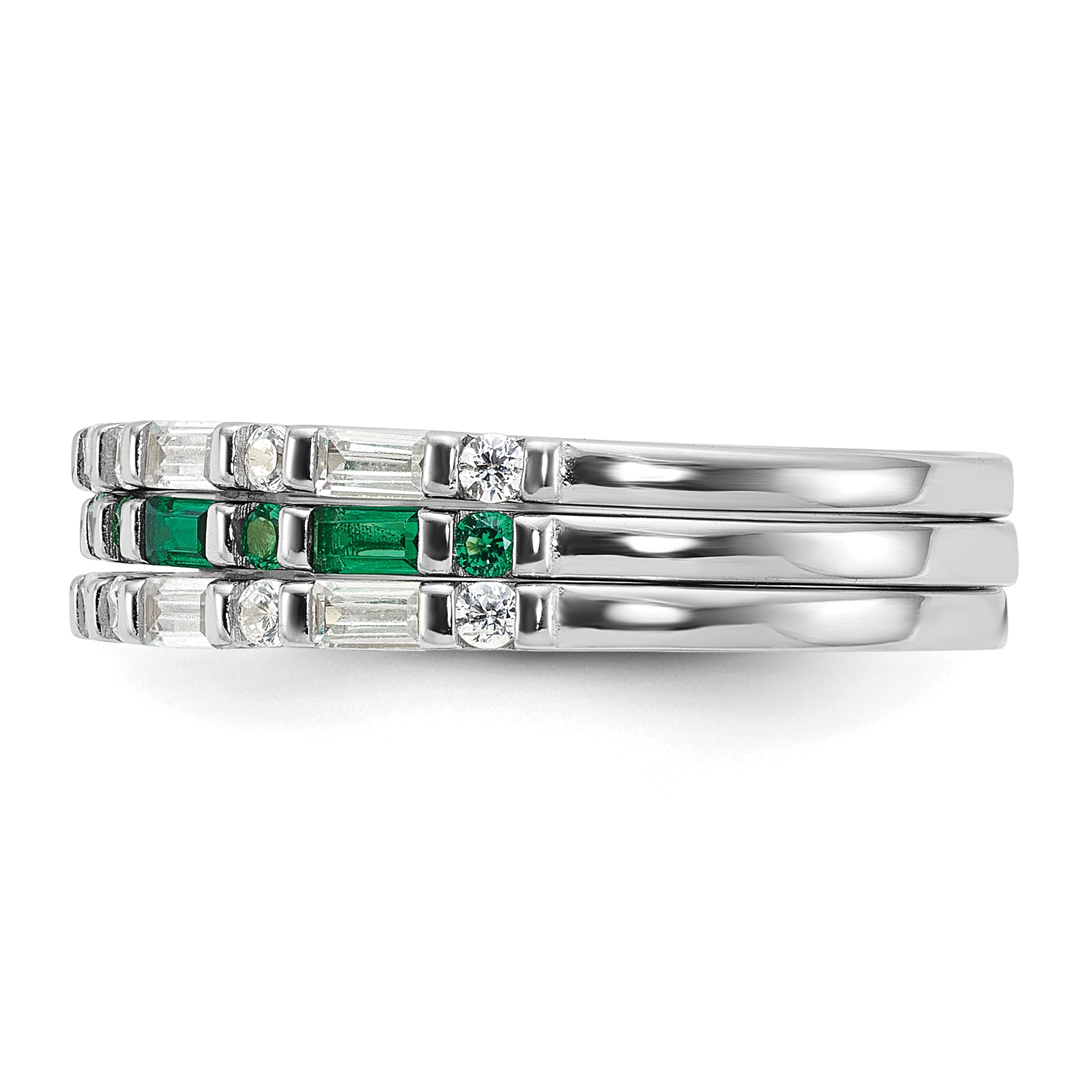 Sterling Silver Rhodium-Plated Green and White Cubic Zirconi 3 Ring Set