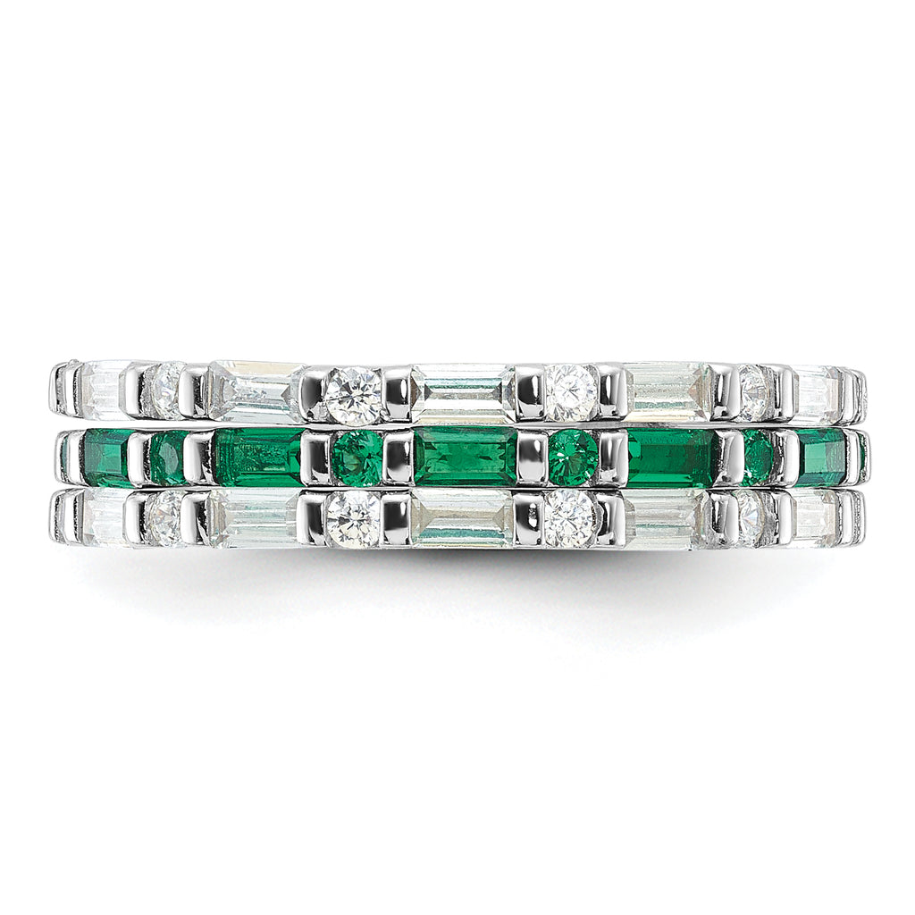 Sterling Silver Rhodium-Plated Green and White Cubic Zirconi 3 Ring Set