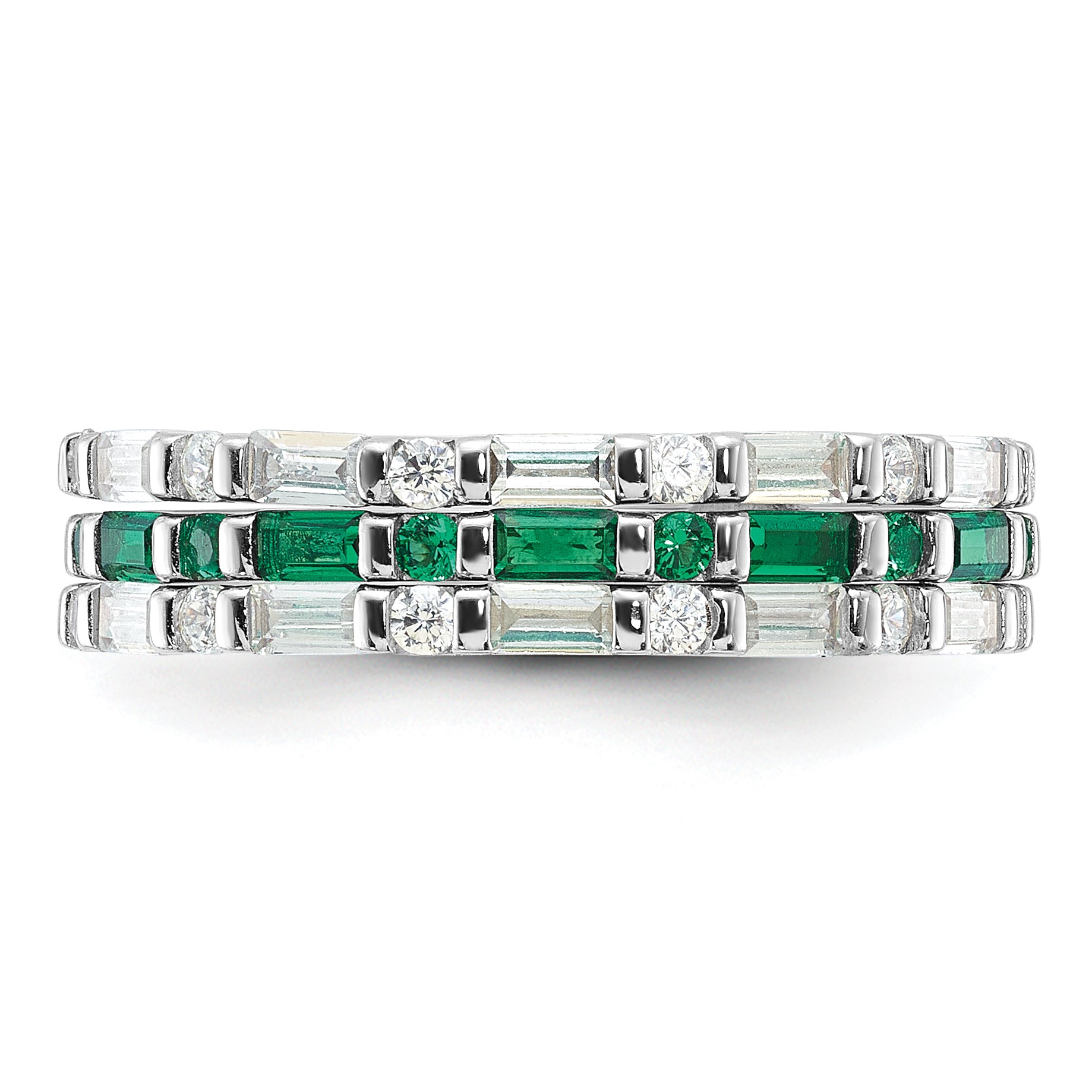 Sterling Silver Rhodium-Plated Green and White Cubic Zirconi 3 Ring Set