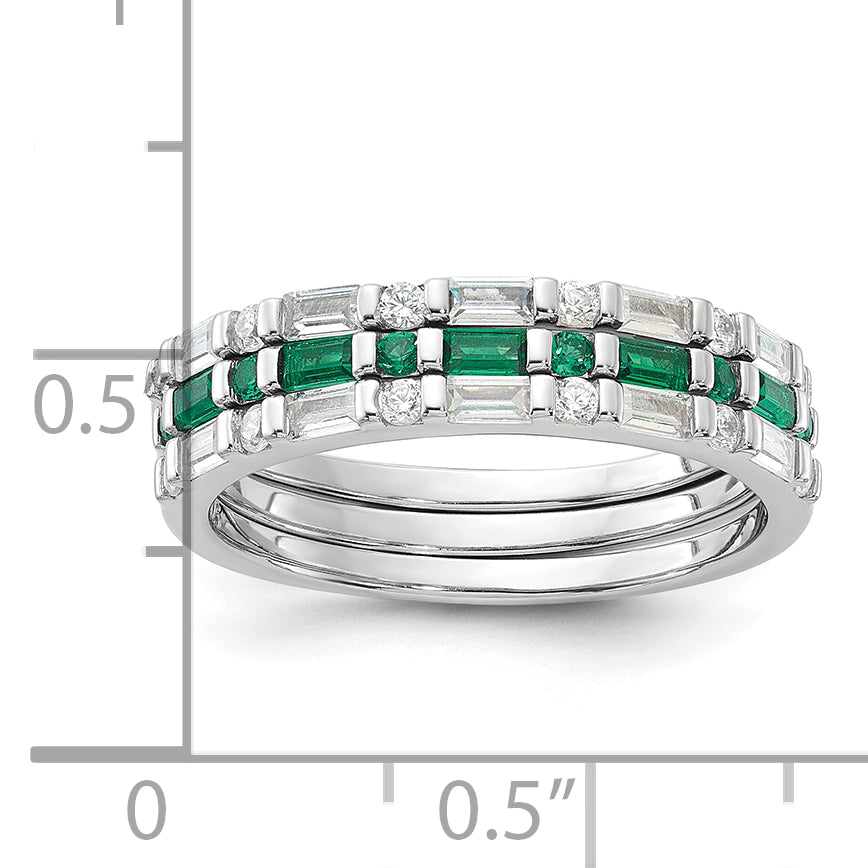 Sterling Silver Rhodium-plated Green and White CZ 3 Ring Set