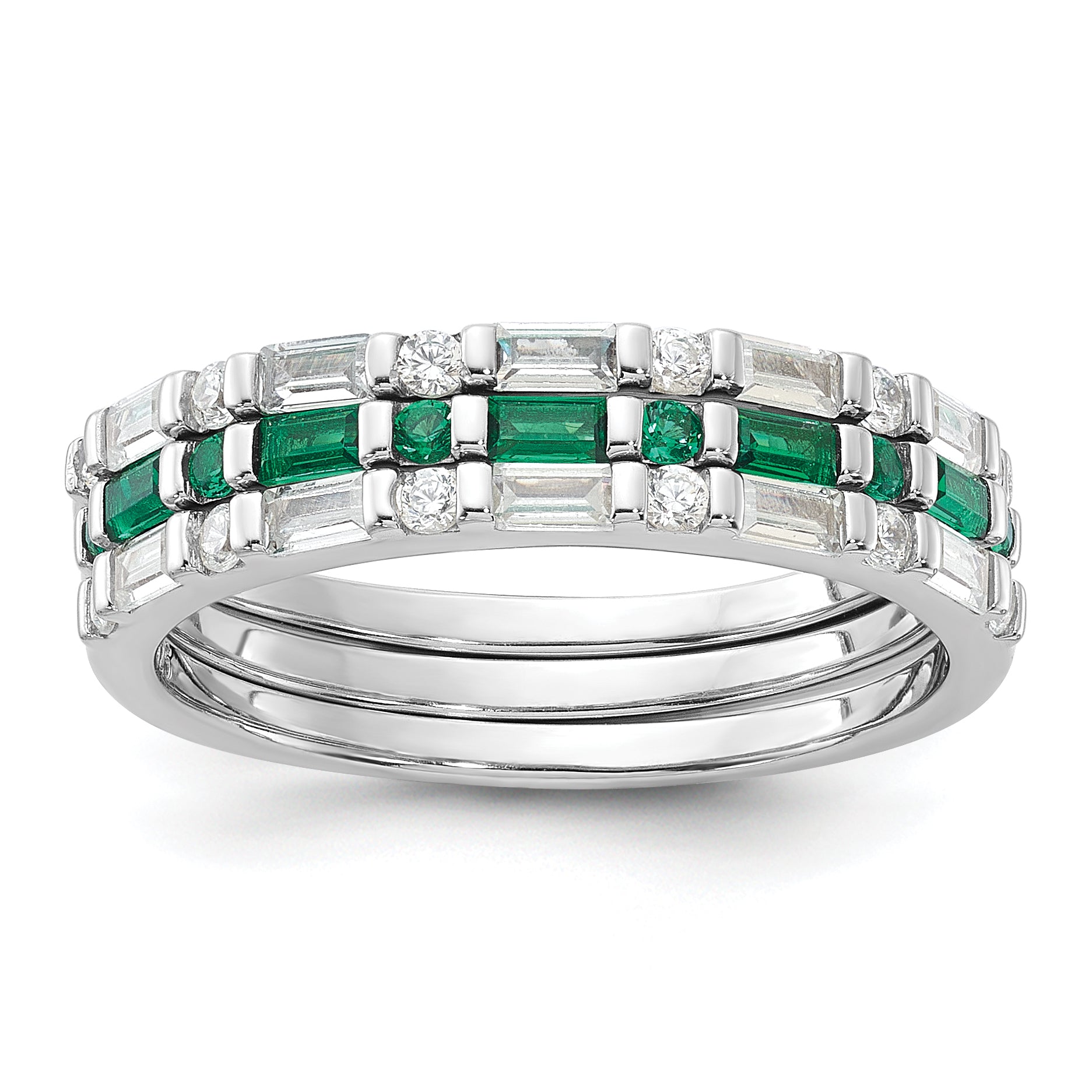 Sterling Silver Rhodium-Plated Green and White Cubic Zirconi 3 Ring Set