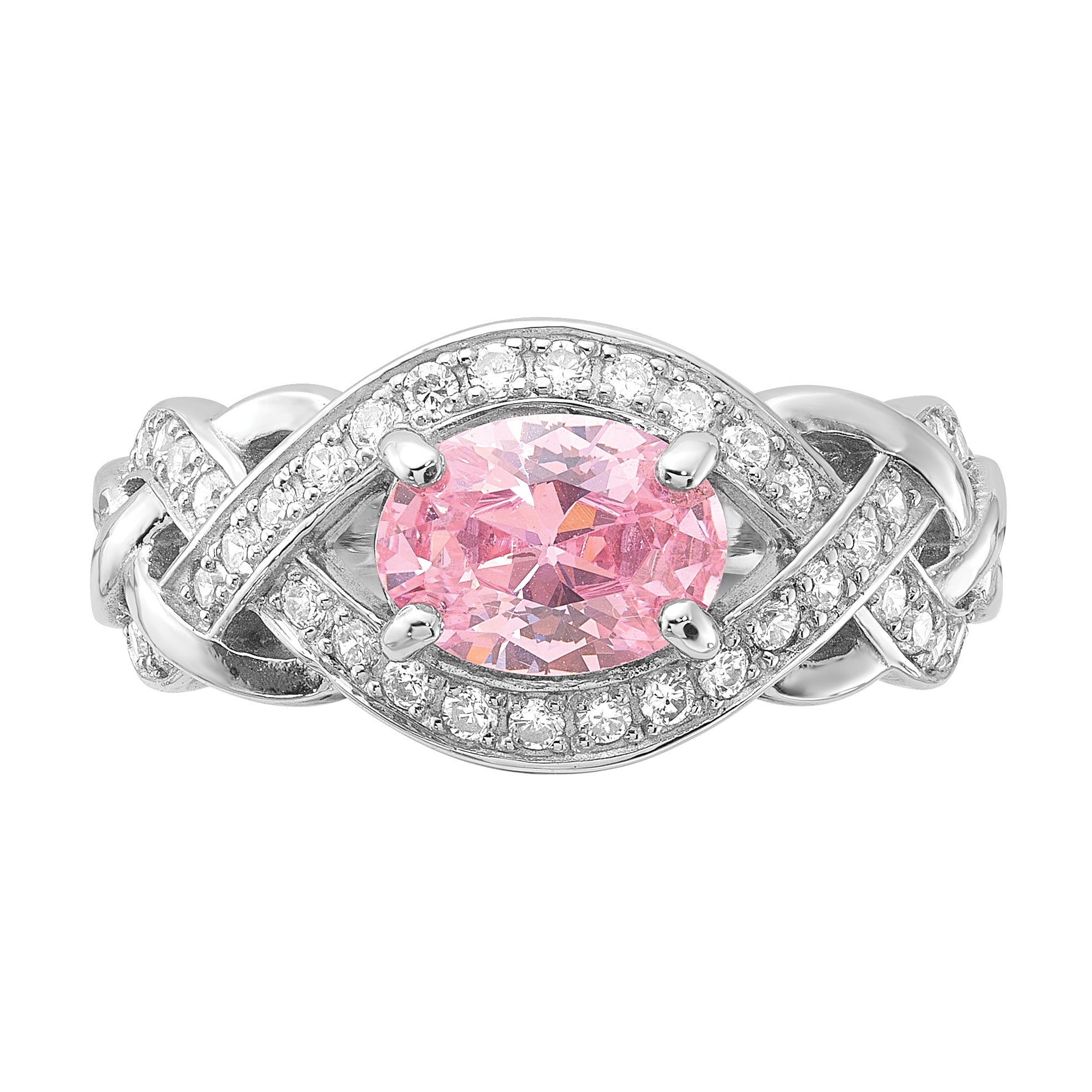 Sterling Silver Rhodium-plated Pink & White CZ Braided Ring