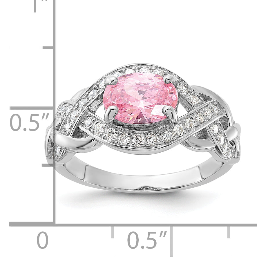 Sterling Silver Rhodium-plated Pink & White CZ Braided Ring