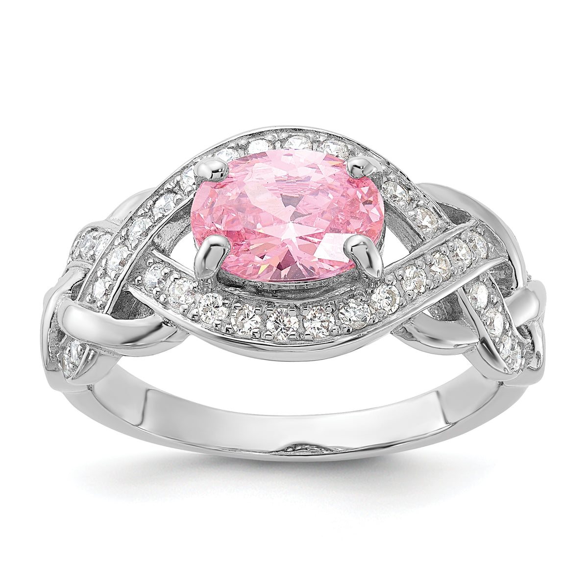 Sterling Silver Rhodium-plated Pink & White CZ Braided Ring