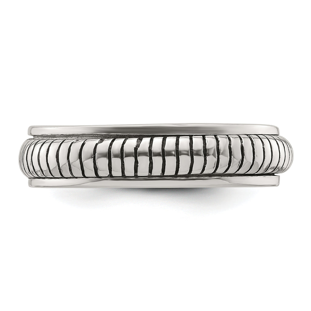 Sterling Silver Polished Oxidized Half Round Patterned Men's Ring