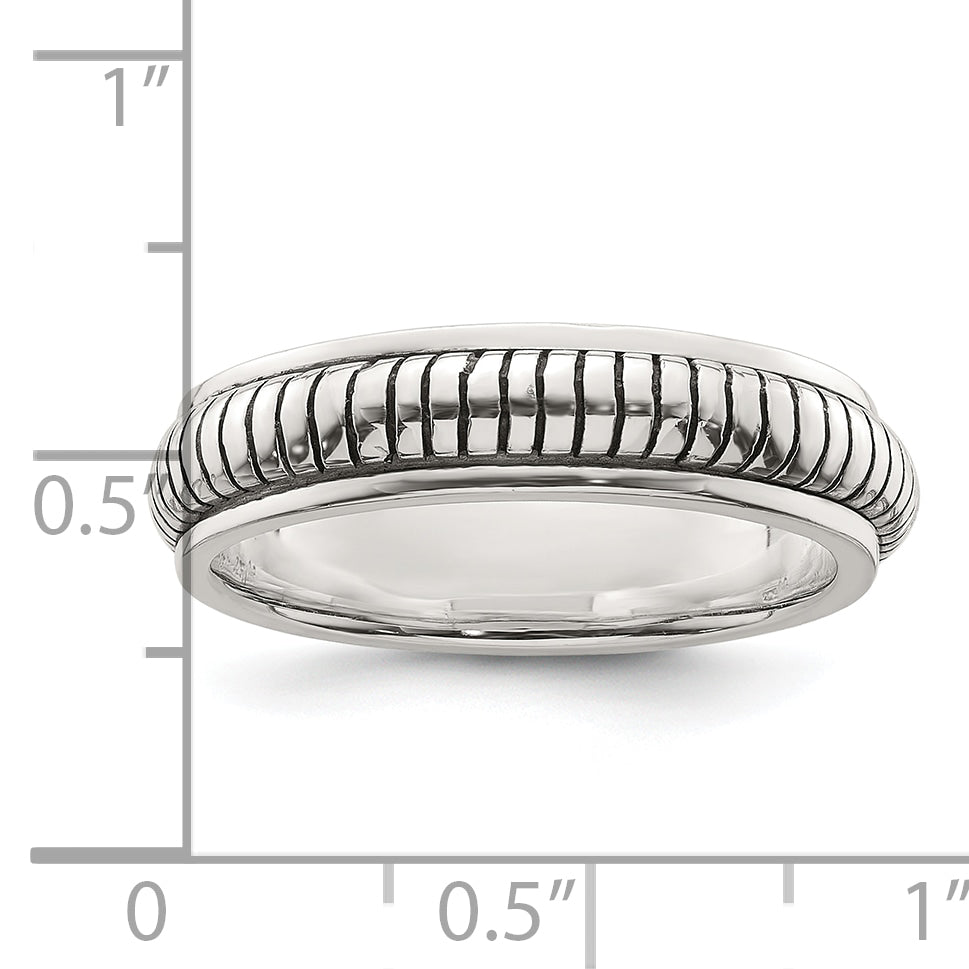 Sterling Silver Polished Oxidized Half Round Patterned Men's Ring
